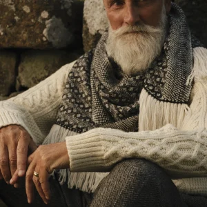 Handwoven Dry Stone Wall Wide Scarf - Natural Black on a White Base