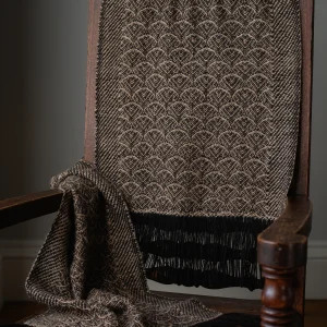 Handwoven Feather Wide Scarf - Natural Fawn on a Dark Brown Base
