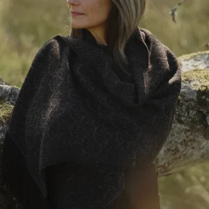 Handwoven Feather Wide Scarf - Natural Charcoal on a Dark Brown Base