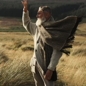 Handwoven Fallen Leaves Shawl - Light Fawn on a Dark Brown Base