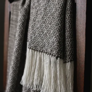 Handwoven Pinecones Shawl - Natural Warm Dark Grey on a White Base