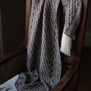Handwoven Staffa Wide Scarf - Natural Dark Brown on a White Base