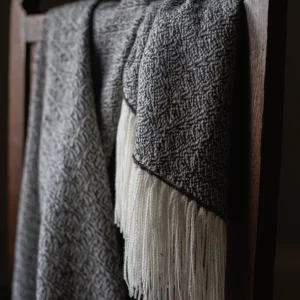Handwoven Frozen Puddles Shawl - Natural Charcoal on a White Base