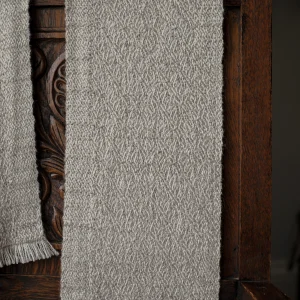 Handwoven Frozen Puddles Narrow Scarf - Natural Warm Light Grey on a White Base
