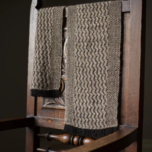 Handwoven Mounds of Snow Narrow Scarf - Natural Fawn on a Black Base