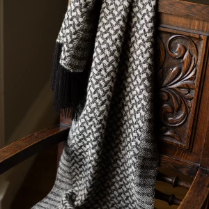 Handwoven Square Haybales Wide Scarf - Natural Light Fawn on a Black Base