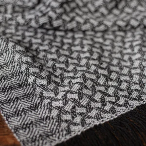 Handwoven Square Haybales Wide Scarf - Natural Very Light Grey on a Black Base